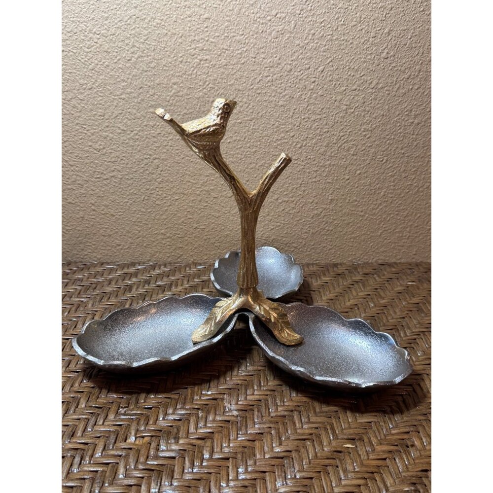 Gold & Silver Metal Pewter Bird Stand With Three Leaf-Shaped Snack Trays